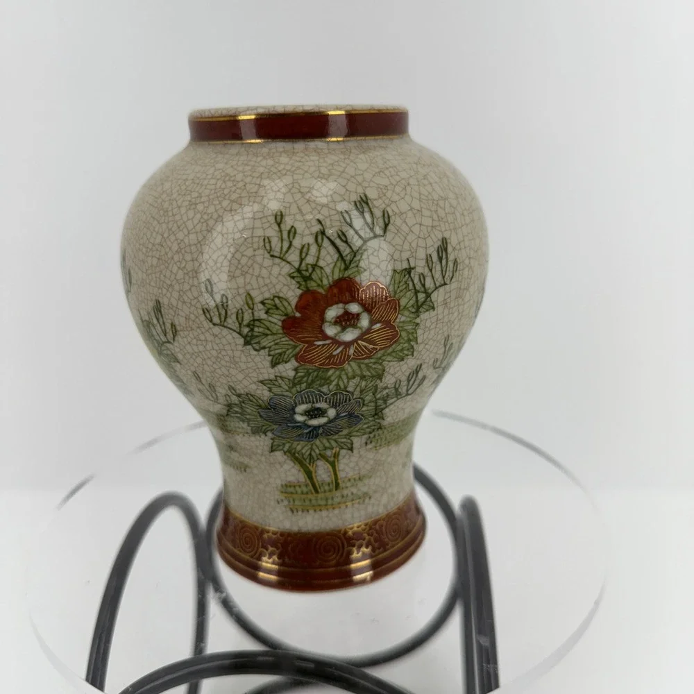 Vintage Kutani Porcelain Crackle Glaze Vase Peacock Floral Gold Trim Asian Style